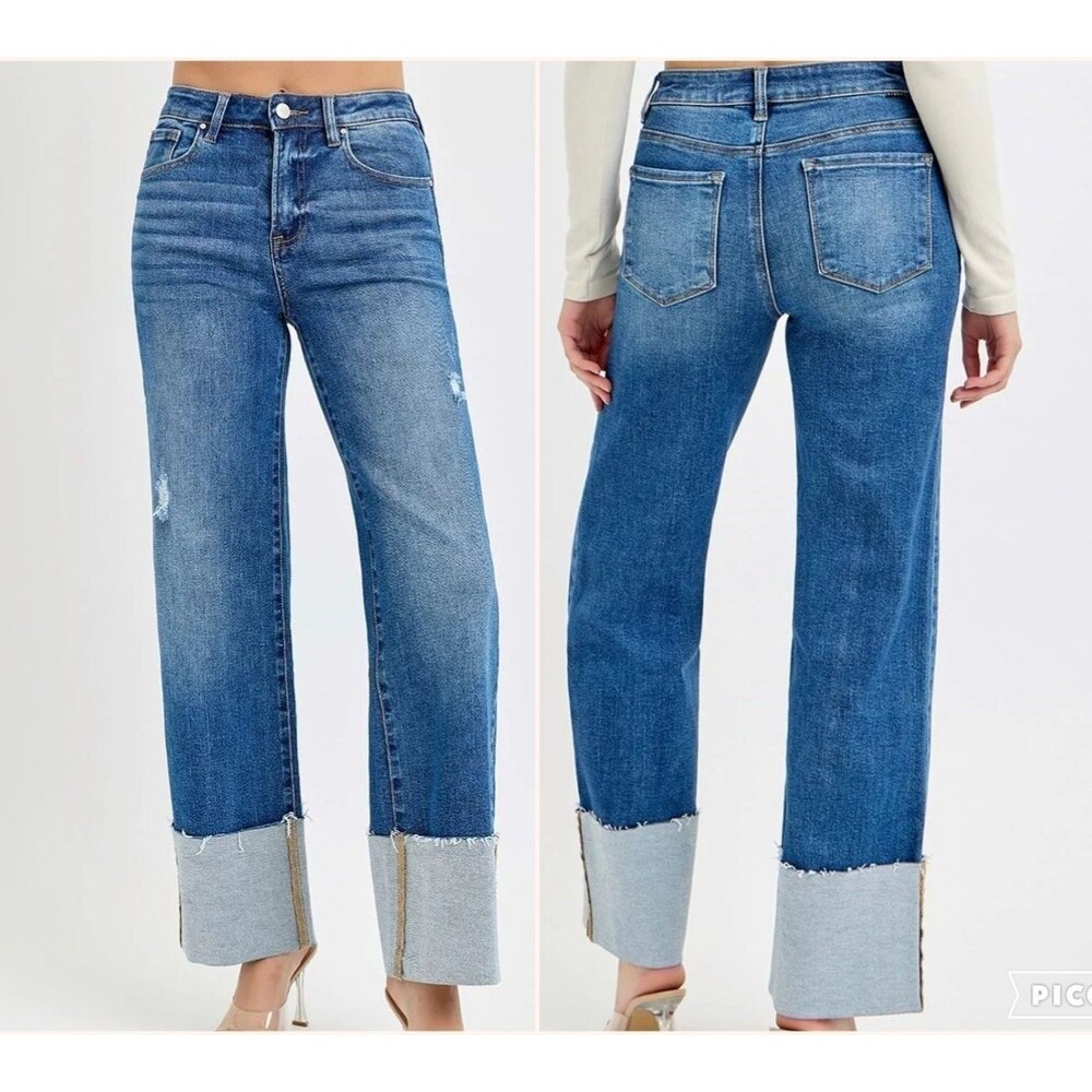 Risen Jeans Women's 15/32 High Rise Wide Cuff Medium Wash Raw Hem ROP5719